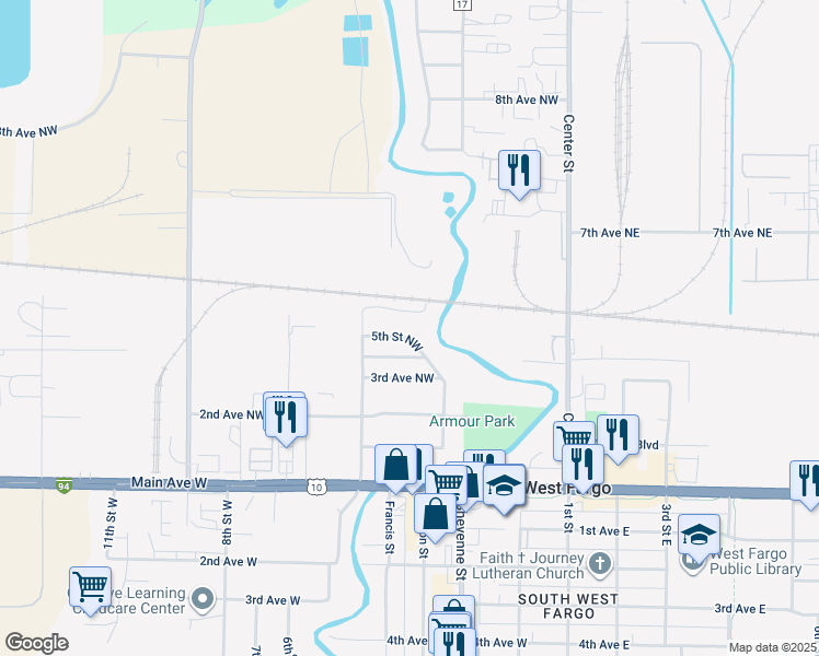 map of restaurants, bars, coffee shops, grocery stores, and more near 525 5th Street Northwest in West Fargo