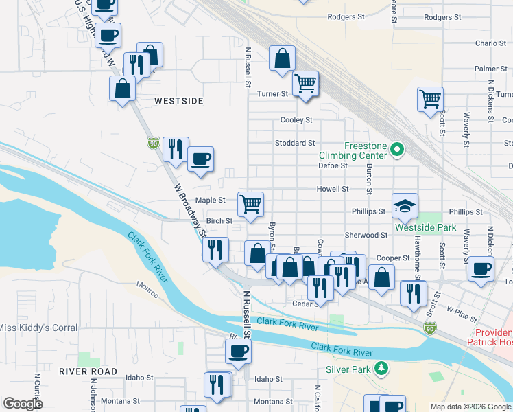 map of restaurants, bars, coffee shops, grocery stores, and more near 1824 Phillips Street in Missoula