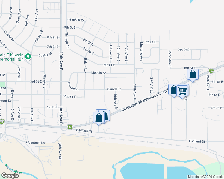 map of restaurants, bars, coffee shops, grocery stores, and more near 1541 Carroll Street in Dickinson