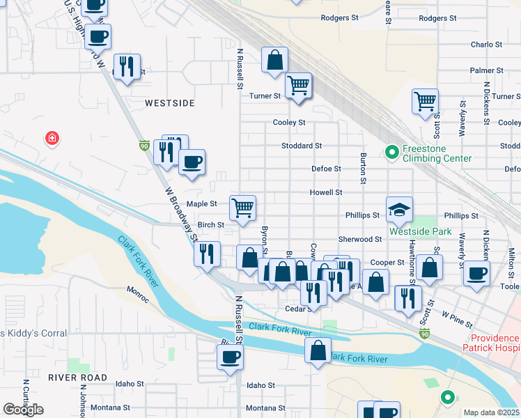 map of restaurants, bars, coffee shops, grocery stores, and more near 1728 Phillips Street in Missoula