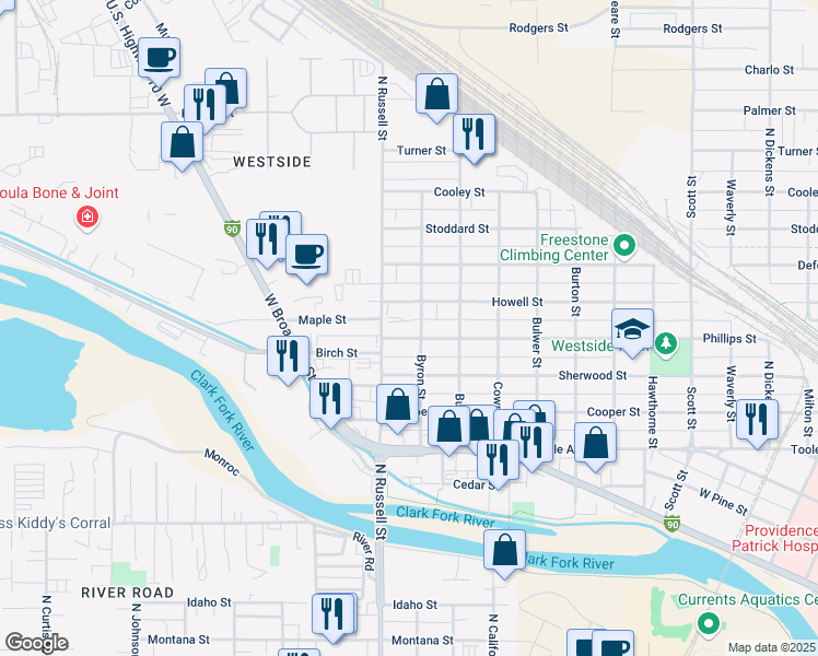 map of restaurants, bars, coffee shops, grocery stores, and more near 1824 Phillips Street in Missoula