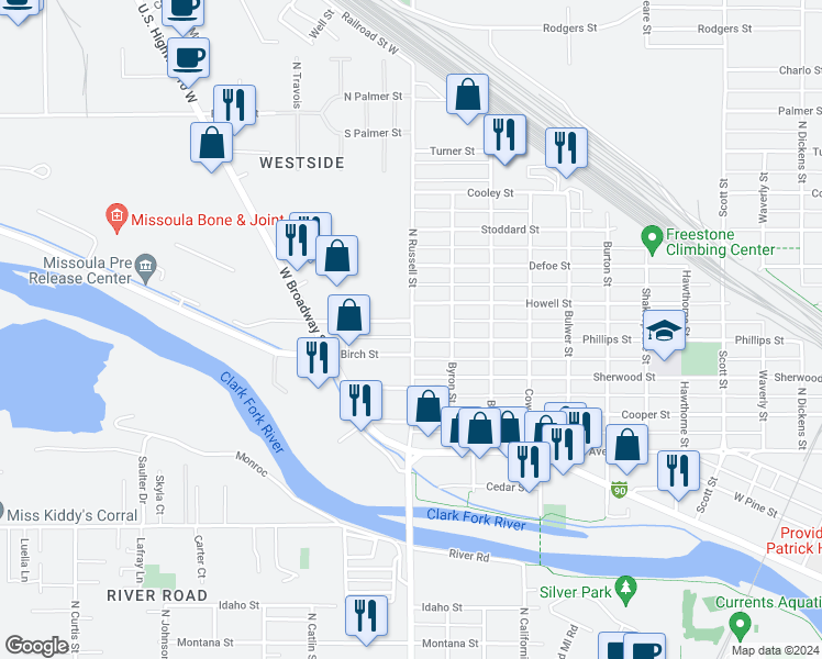 map of restaurants, bars, coffee shops, grocery stores, and more near 1824 Phillips Street in Missoula