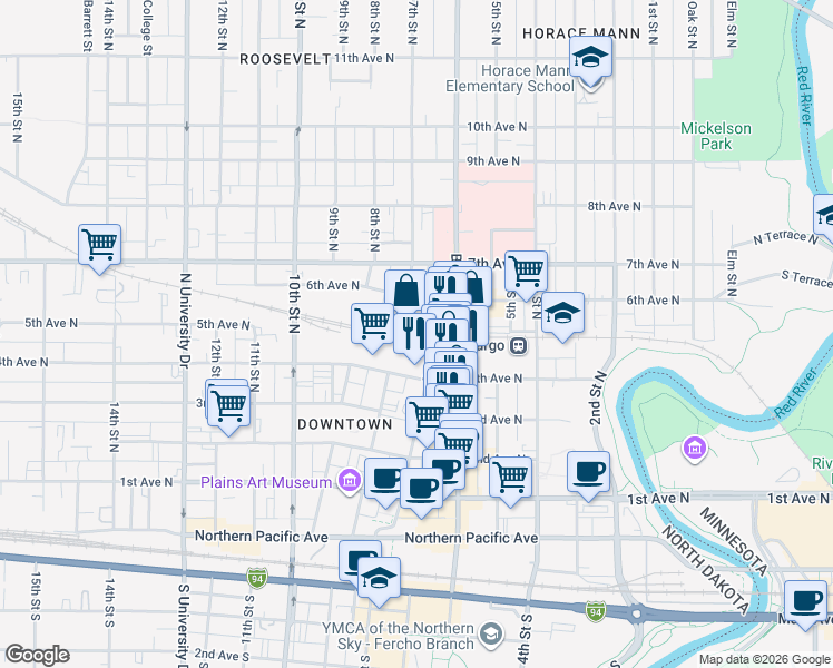map of restaurants, bars, coffee shops, grocery stores, and more near 428 Roberts Street North in Fargo