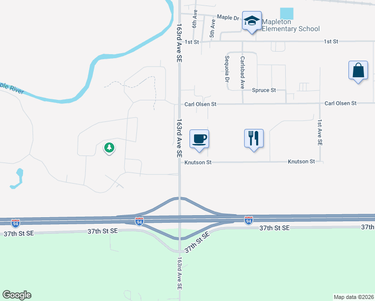 map of restaurants, bars, coffee shops, grocery stores, and more near 590-649 Knutson Street in Mapleton