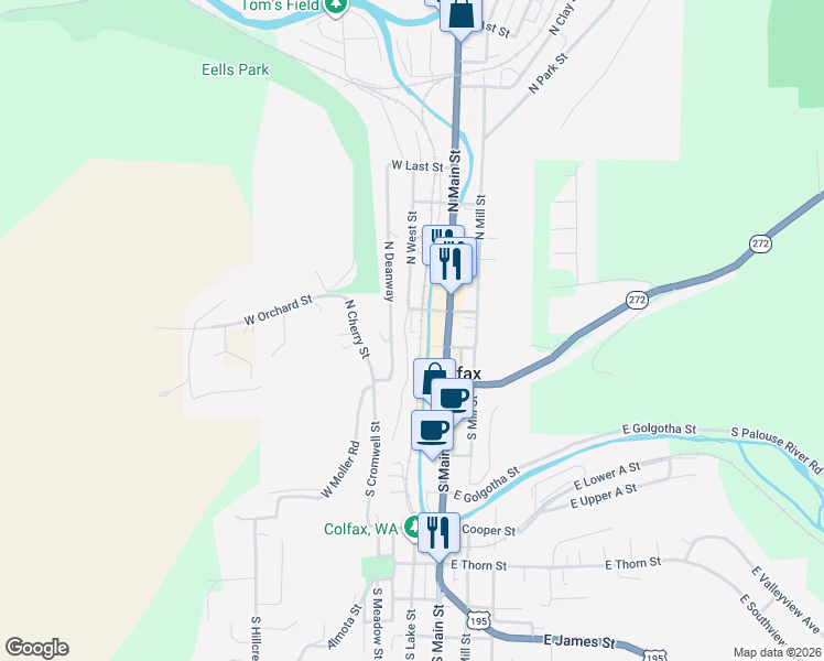 map of restaurants, bars, coffee shops, grocery stores, and more near 101-199 North West Street in Colfax