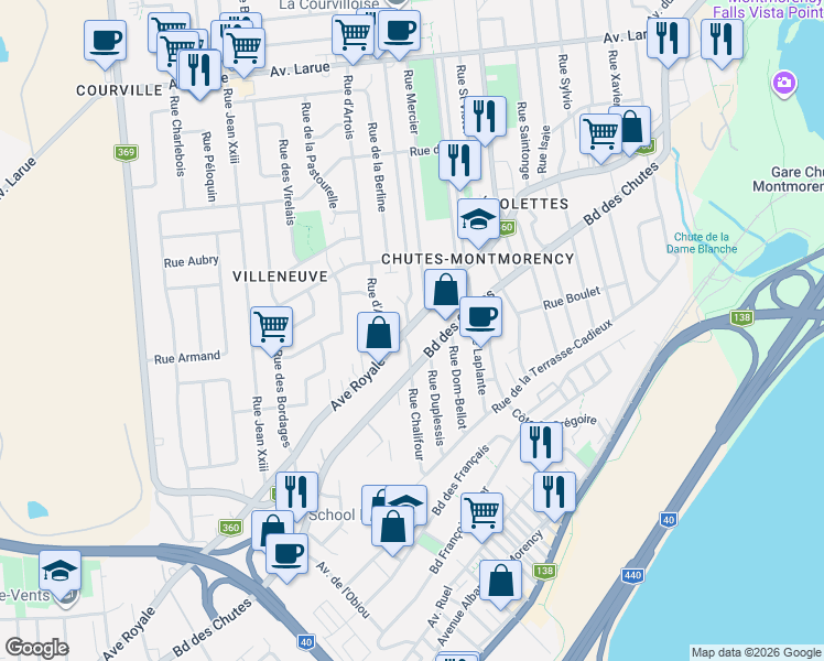 map of restaurants, bars, coffee shops, grocery stores, and more near 2178 Avenue Royale in Québec City