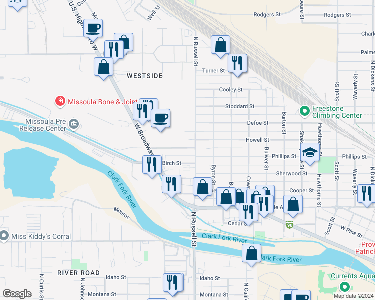 map of restaurants, bars, coffee shops, grocery stores, and more near 1918 Birch Street in Missoula