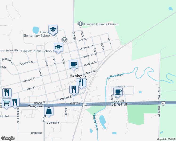 map of restaurants, bars, coffee shops, grocery stores, and more near 415 Main Street in Hawley