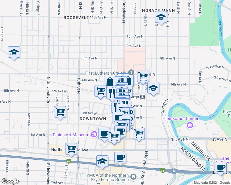 map of restaurants, bars, coffee shops, grocery stores, and more near 428 Roberts Street North in Fargo