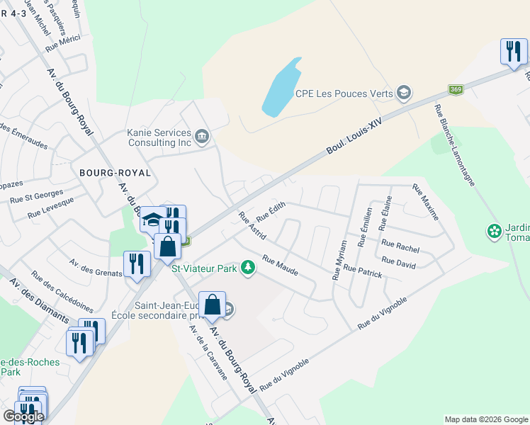 map of restaurants, bars, coffee shops, grocery stores, and more near 1705 Rue Édith in Québec
