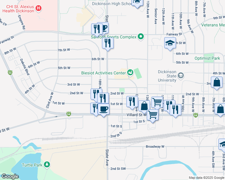 map of restaurants, bars, coffee shops, grocery stores, and more near 1545 West 2nd Street in Dickinson