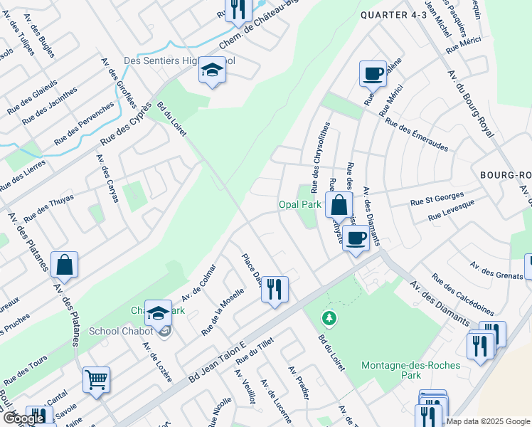 map of restaurants, bars, coffee shops, grocery stores, and more near Rue du Rubis in Ville de Québec