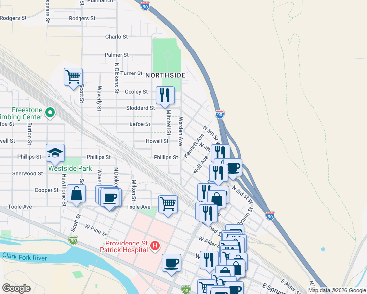 map of restaurants, bars, coffee shops, grocery stores, and more near 639 North 3rd Street West in Missoula