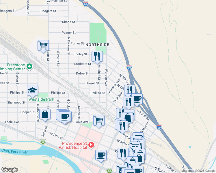 map of restaurants, bars, coffee shops, grocery stores, and more near 639 North 3rd Street West in Missoula