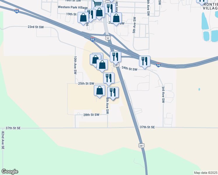 map of restaurants, bars, coffee shops, grocery stores, and more near 2400 8th Avenue Southwest in Jamestown