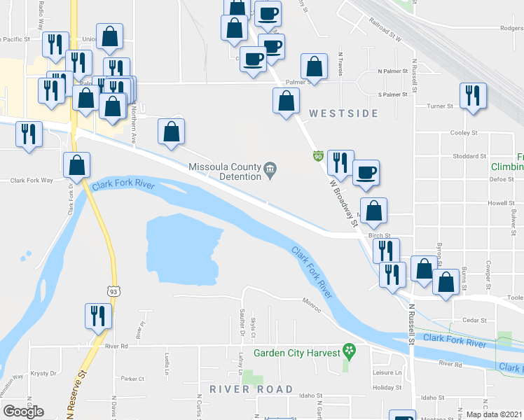 map of restaurants, bars, coffee shops, grocery stores, and more near 2415 Mullan Road in Missoula