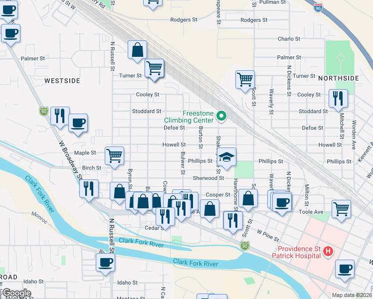 map of restaurants, bars, coffee shops, grocery stores, and more near 1426-1438 Phillips St in Missoula