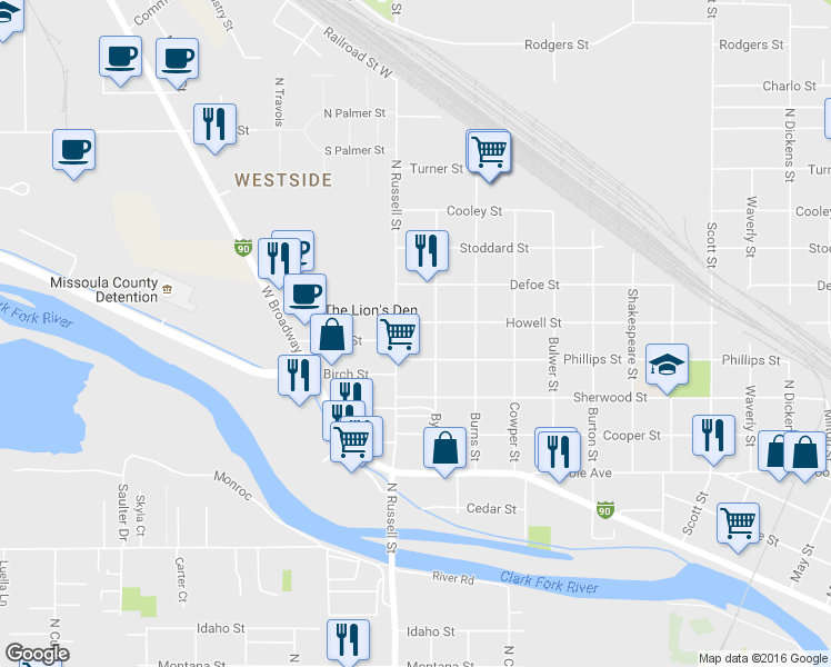map of restaurants, bars, coffee shops, grocery stores, and more near 1824 Phillips Street in Missoula