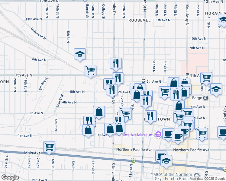 map of restaurants, bars, coffee shops, grocery stores, and more near 17 North University Drive in Fargo
