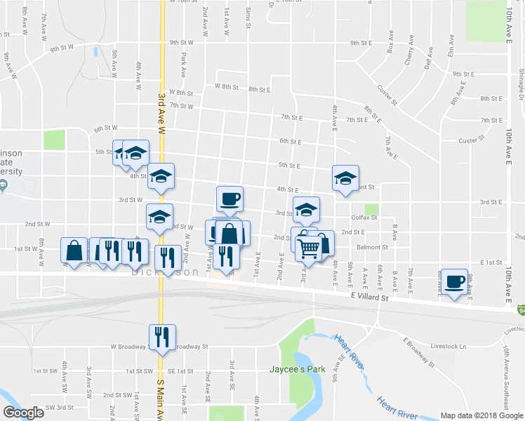 map of restaurants, bars, coffee shops, grocery stores, and more near 300 1st Avenue East in Dickinson