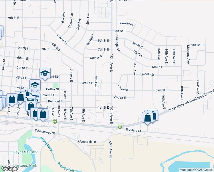 map of restaurants, bars, coffee shops, grocery stores, and more near 953 2nd Street East in Dickinson