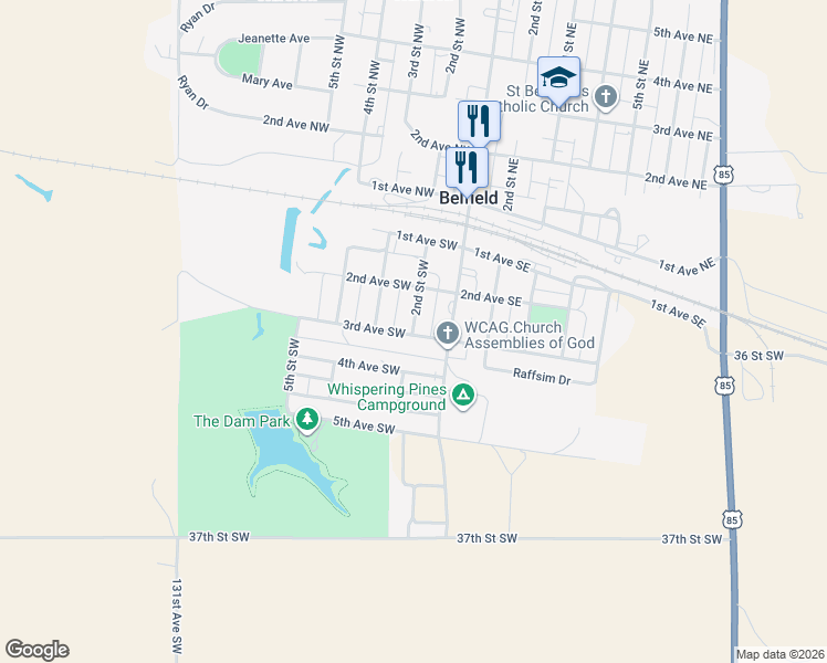 map of restaurants, bars, coffee shops, grocery stores, and more near 107 4th Avenue Southwest in Belfield