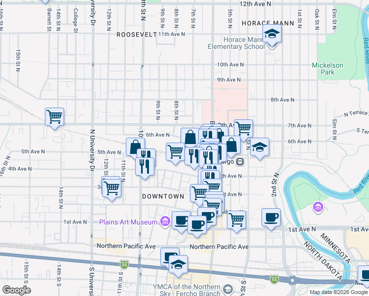 map of restaurants, bars, coffee shops, grocery stores, and more near 719 6th Avenue North in Fargo