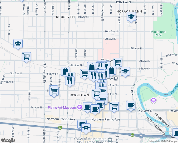 map of restaurants, bars, coffee shops, grocery stores, and more near 719 6th Avenue North in Fargo