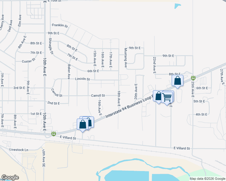 map of restaurants, bars, coffee shops, grocery stores, and more near 1763 Carroll Street in Dickinson