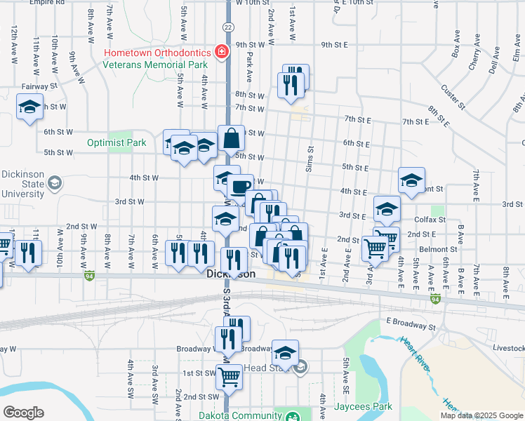 map of restaurants, bars, coffee shops, grocery stores, and more near 300 2nd Avenue West in Dickinson