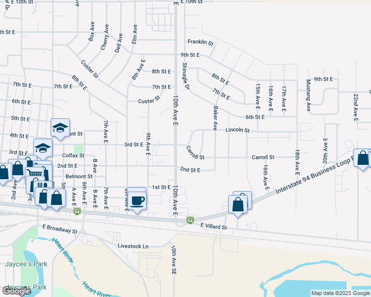 map of restaurants, bars, coffee shops, grocery stores, and more near 300-698 10th Ave E in Dickinson