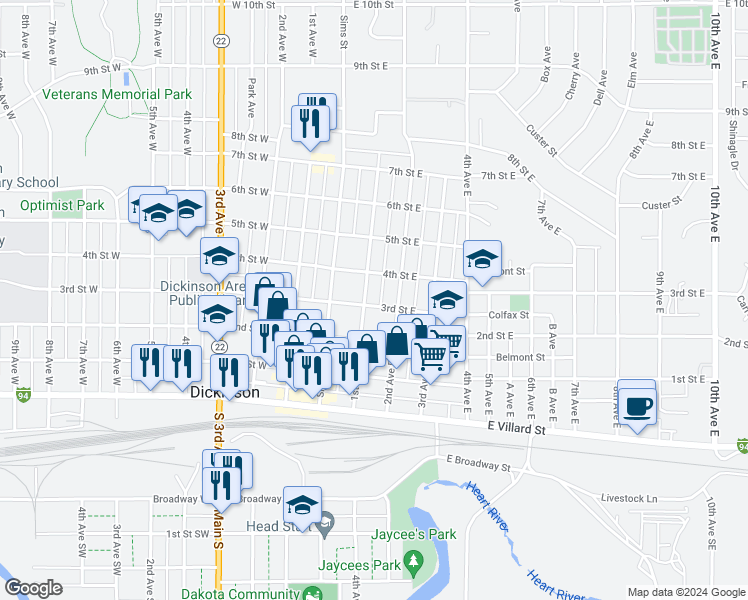 map of restaurants, bars, coffee shops, grocery stores, and more near 302 1st Avenue East in Dickinson