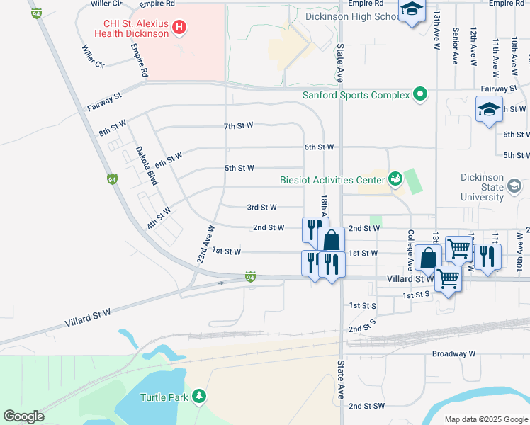map of restaurants, bars, coffee shops, grocery stores, and more near 2134 3rd Street West in Dickinson