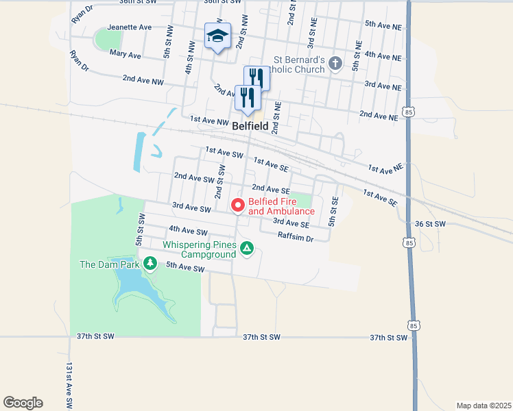 map of restaurants, bars, coffee shops, grocery stores, and more near 202 2nd Street Southeast in Belfield