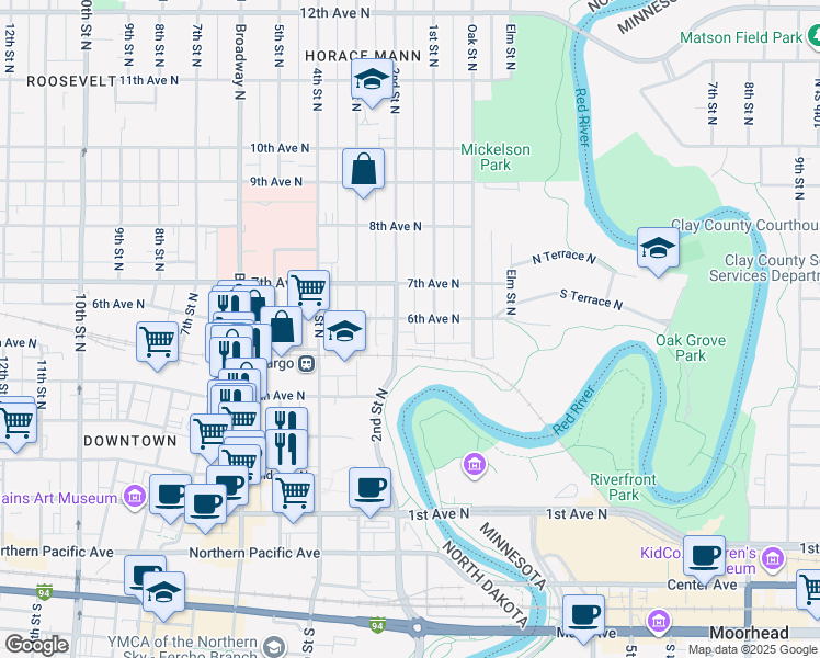 map of restaurants, bars, coffee shops, grocery stores, and more near 601 2nd Street North in Fargo