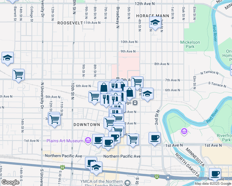 map of restaurants, bars, coffee shops, grocery stores, and more near in Fargo