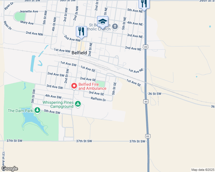 map of restaurants, bars, coffee shops, grocery stores, and more near 401 3rd Avenue Southeast in Belfield