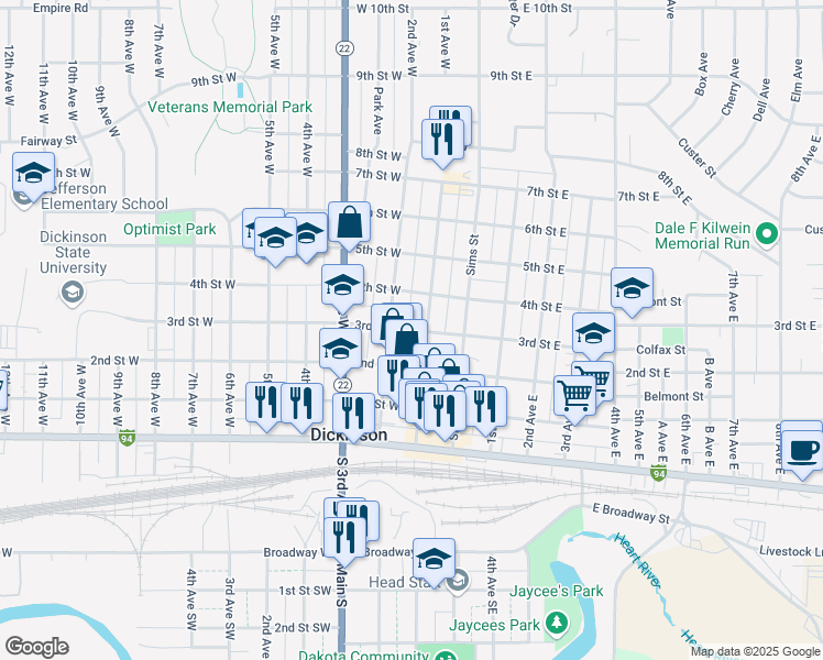 map of restaurants, bars, coffee shops, grocery stores, and more near 139 3rd Street West in Dickinson