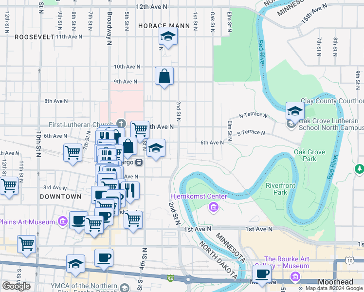 map of restaurants, bars, coffee shops, grocery stores, and more near 124 6th Avenue North in Fargo