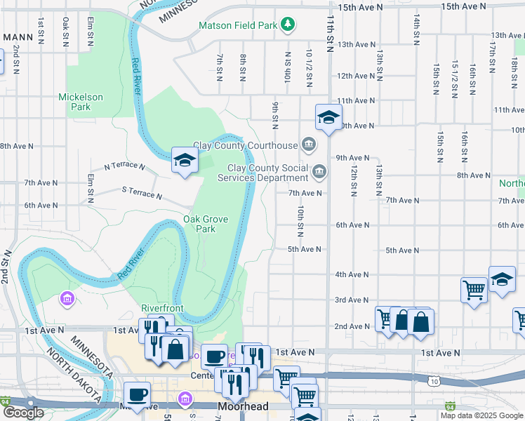 map of restaurants, bars, coffee shops, grocery stores, and more near 639 9th Street North in Moorhead