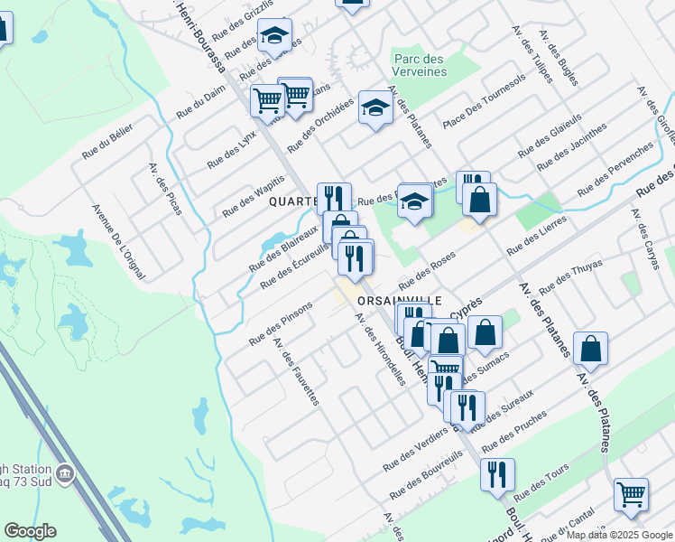 map of restaurants, bars, coffee shops, grocery stores, and more near 5113 Rue des Chardonnerets in Québec