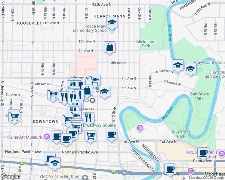 map of restaurants, bars, coffee shops, grocery stores, and more near 214 6th Avenue North in Fargo