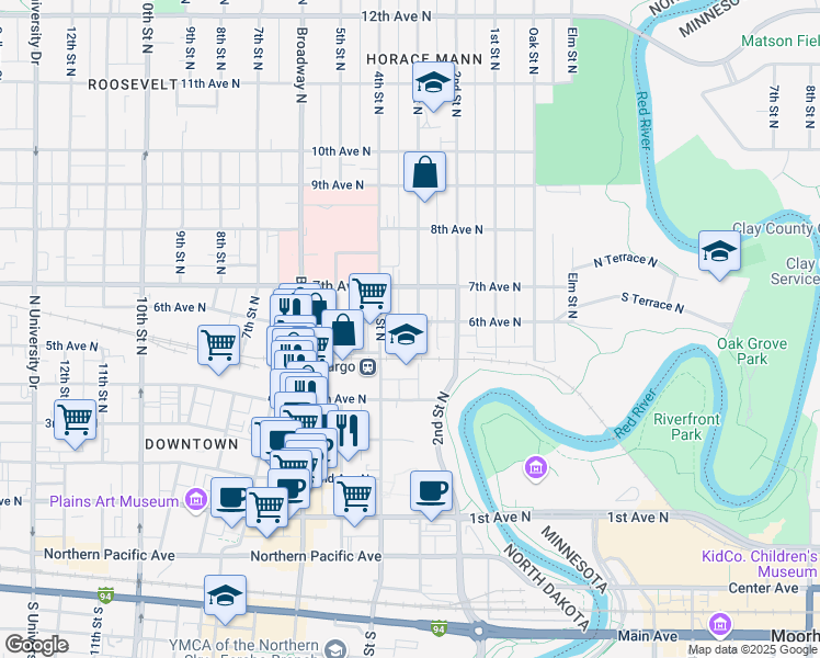 map of restaurants, bars, coffee shops, grocery stores, and more near 520 3rd Street North in Fargo