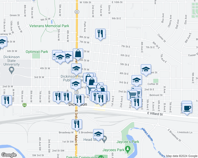 map of restaurants, bars, coffee shops, grocery stores, and more near 264 West Villard Street in Dickinson