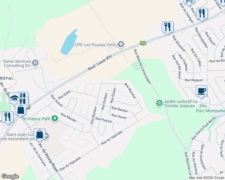 map of restaurants, bars, coffee shops, grocery stores, and more near 673 Rue Émilien in Québec