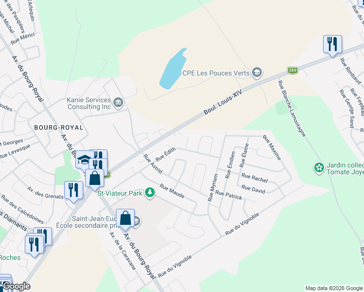 map of restaurants, bars, coffee shops, grocery stores, and more near 615 Rue Sébastien in Québec