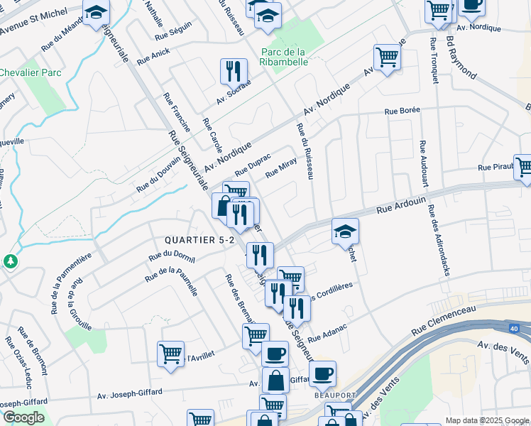 map of restaurants, bars, coffee shops, grocery stores, and more near 329 Rue Renan in Ville de Québec
