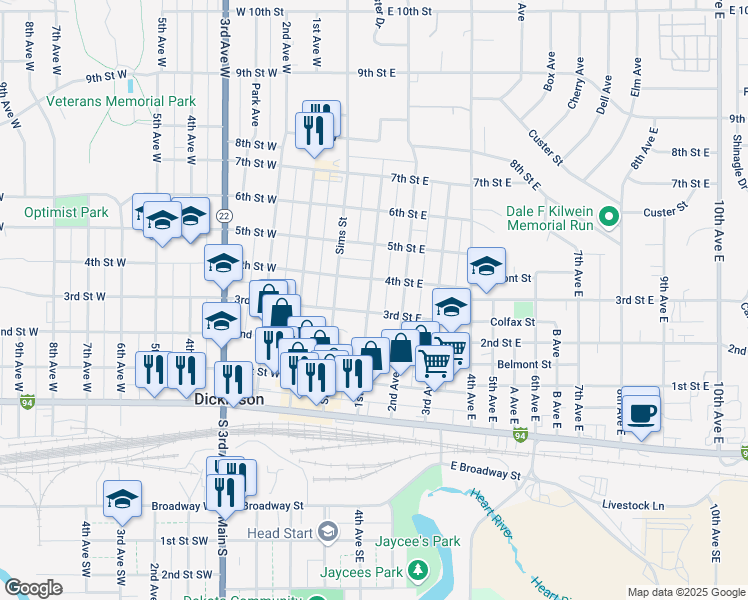 map of restaurants, bars, coffee shops, grocery stores, and more near 338 1st Avenue East in Dickinson