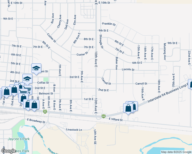map of restaurants, bars, coffee shops, grocery stores, and more near 301 10th Avenue East in Dickinson