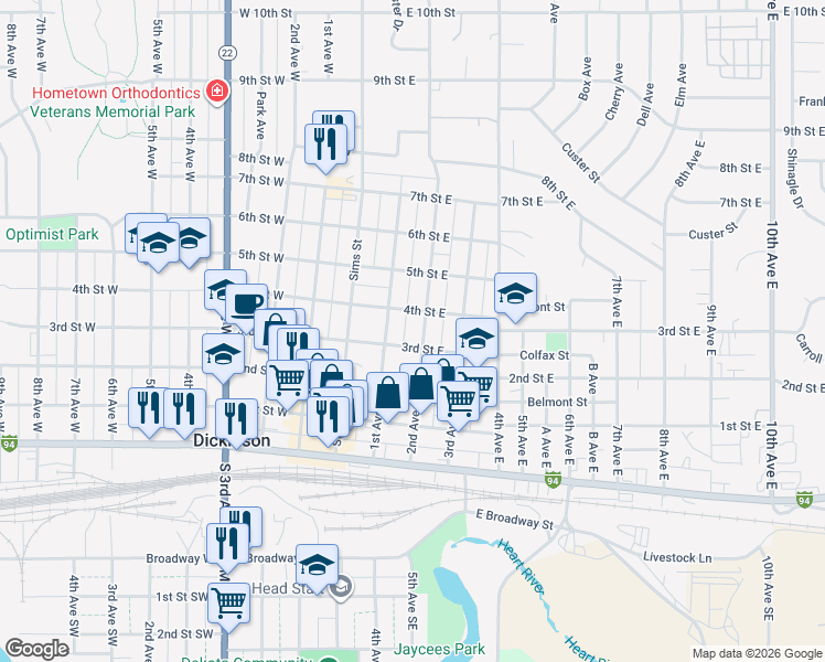 map of restaurants, bars, coffee shops, grocery stores, and more near 338 1st Avenue West in Dickinson